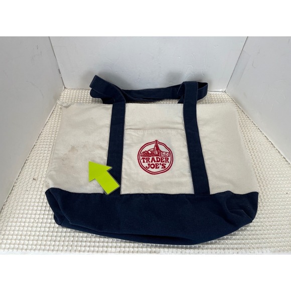 Trader Joe's Canvas Tote Bag Navy Blue Cream Embroidered Logo Reusable - Picture 9 of 9